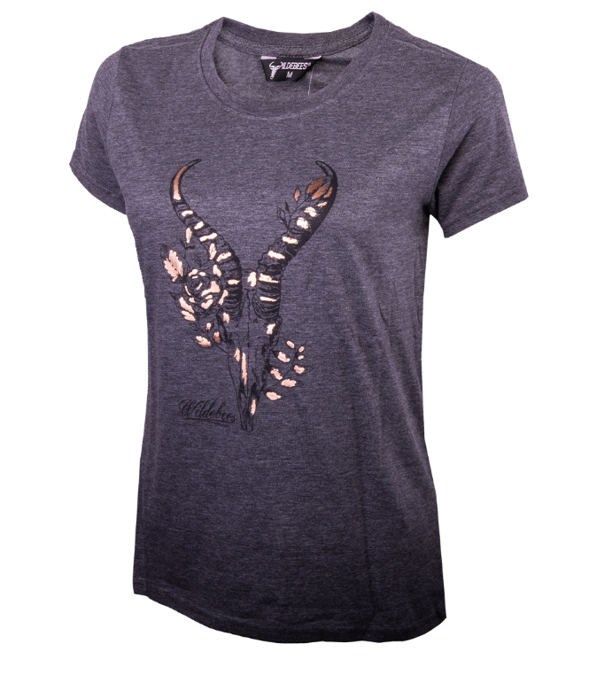 WILDEBEES LADIE FOIL SKETCH SKULL CHAR T-SHIRT XS (H588)